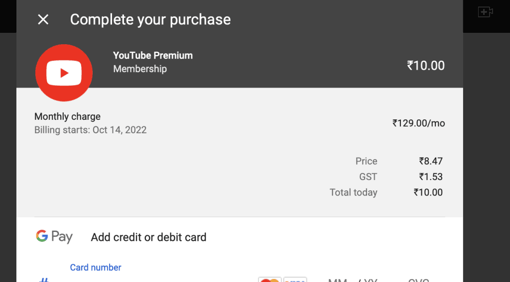 Youtube Premium Membership at Rs 10 only